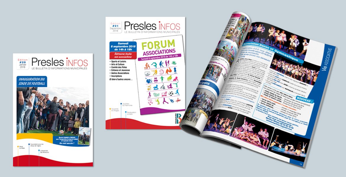 <b>COLLECTIVITÉ</b><br><p>REVUE « Presles Infos » 20 pages - Semestrielle<br class='autobr' />
Exécution + photogravure + Impression</p>