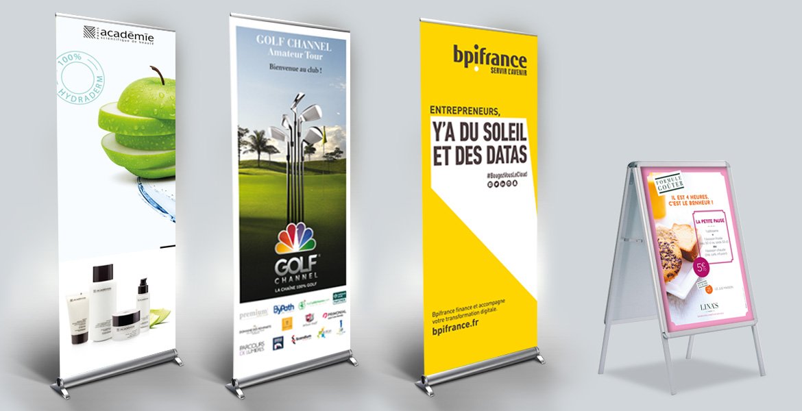 <b>ROLL-UP (KAKÉMONOS) / PRÉSENTOIR EXTERIEUR</b><br><p>Exécution + impression + production</p>